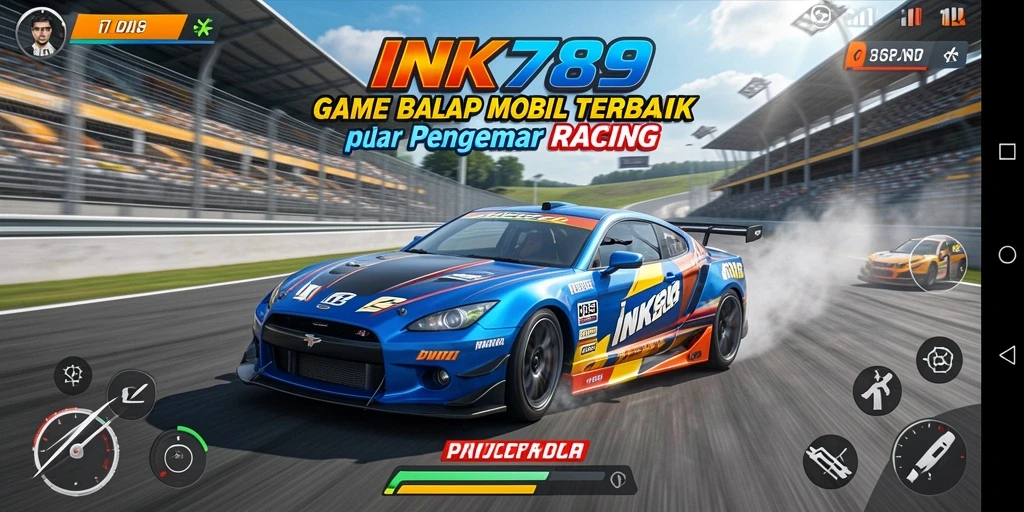 Screenshot gameplay INK789 dengan mobil balap yang melaju kencang di trek.