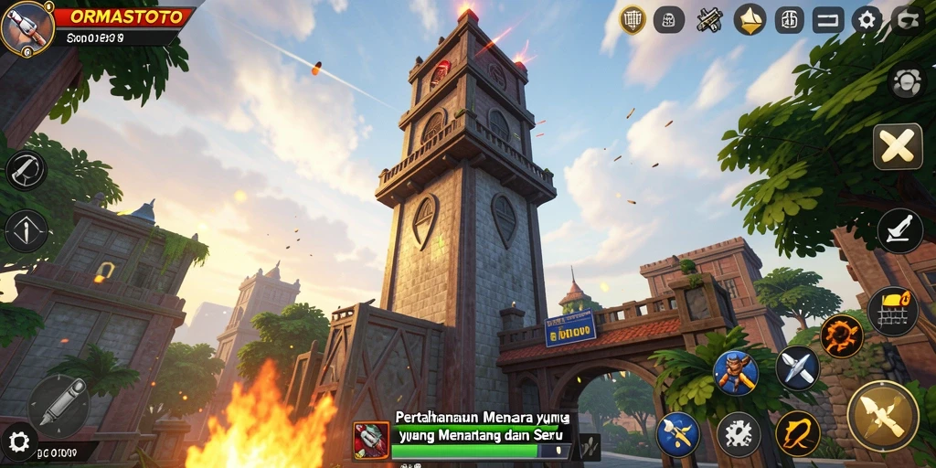 Tampilan gameplay ORMASTOTO dengan menara yang siap menghadapi serangan musuh.