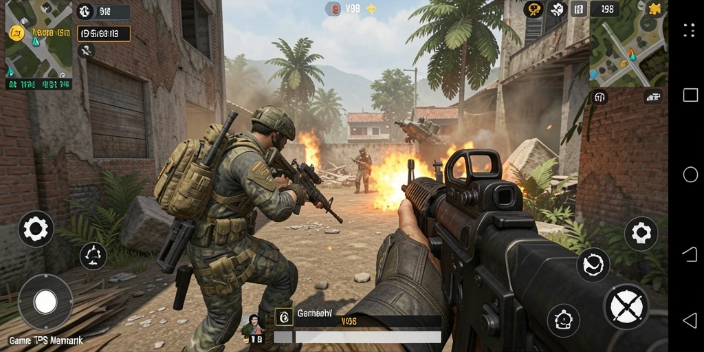 Screenshot utama V98 menampilkan aksi seru dalam gameplay TPS.